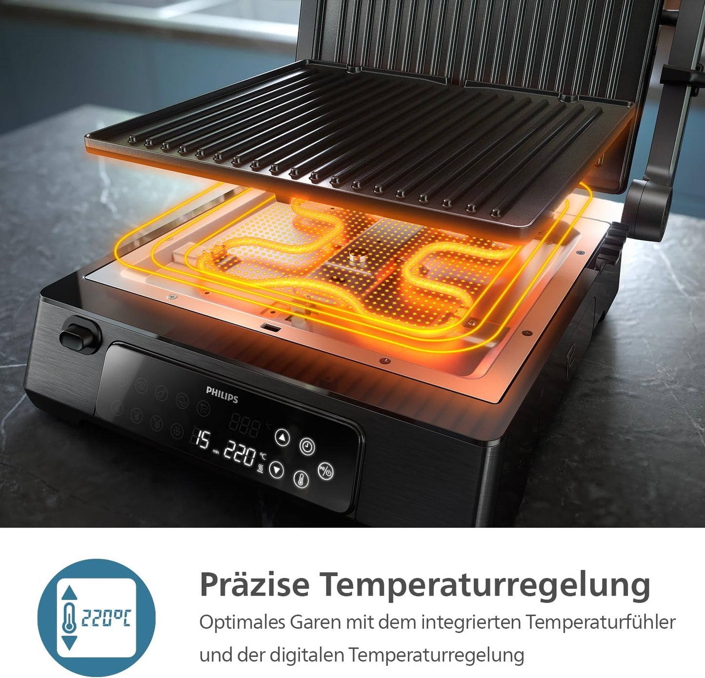 Kontaktgrill HD6307/70, Kontaktgrill Digitale Temperaturkontrolle + Thermometer