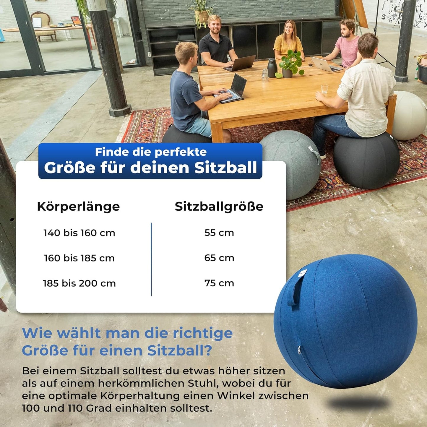 Ergonomischer Sitzball mit waschbarem Bezug, 55 cm Dark Blue