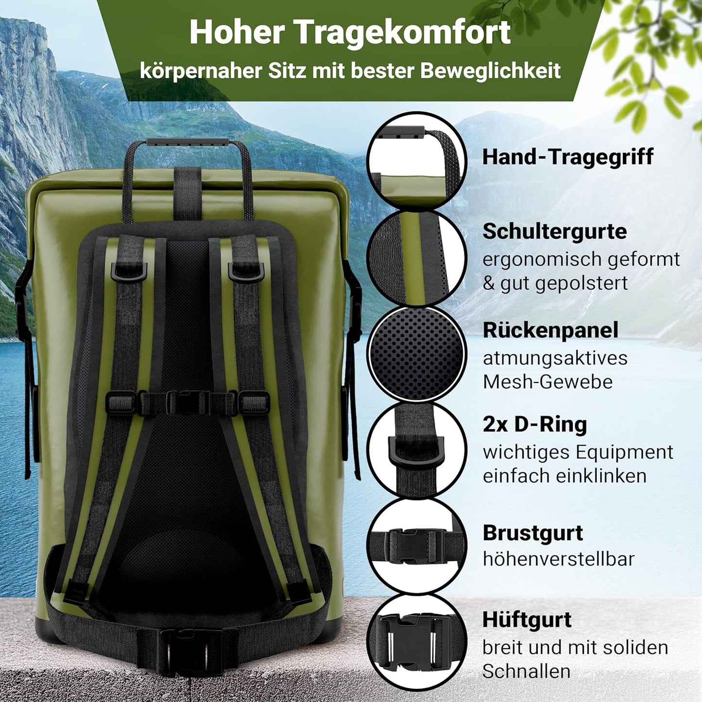 Wasserdichter Rucksack mit Rolltop-Verschluss und Handyhülle, Oliv-grün 55 Liter