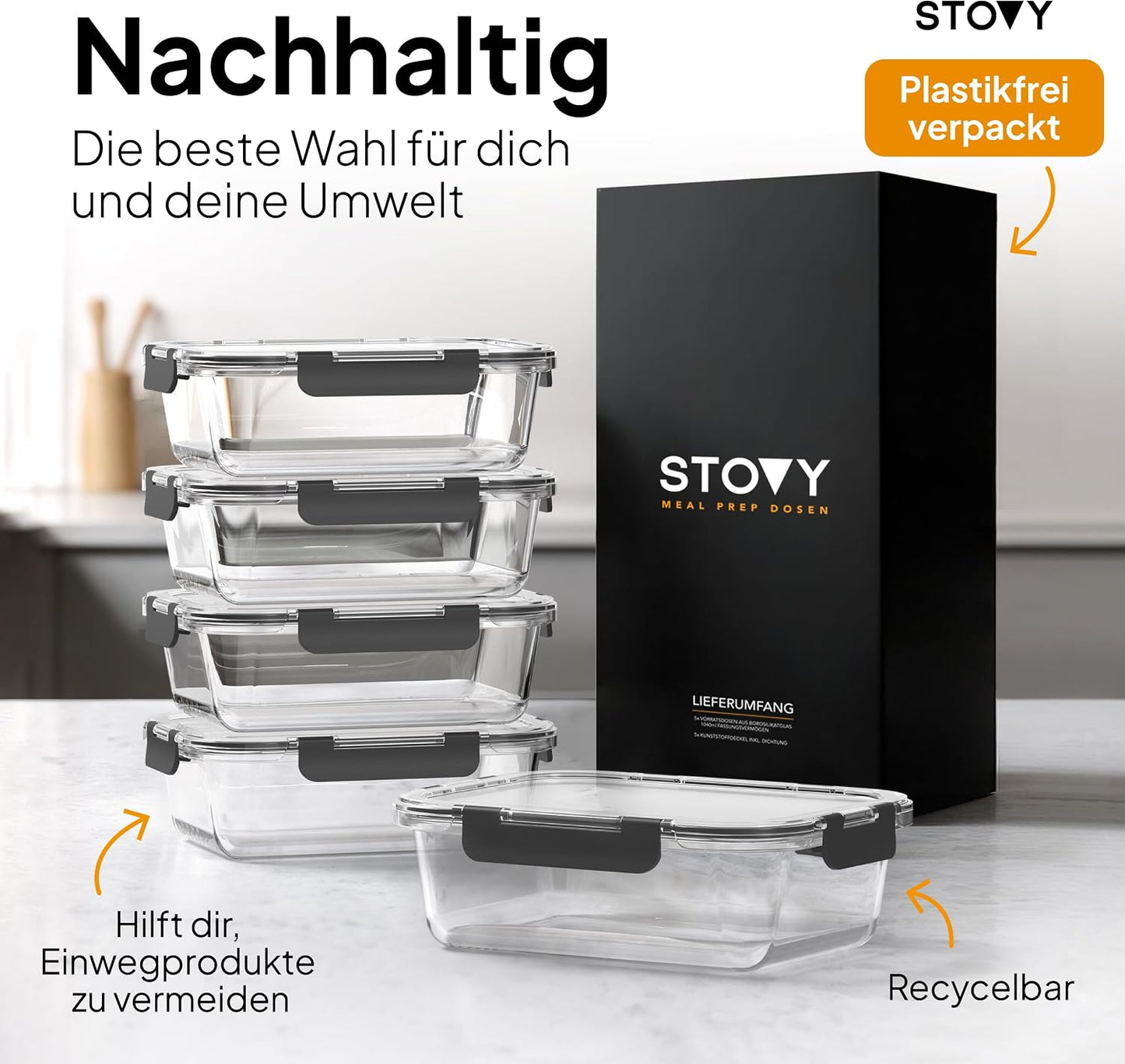 Meal Prep Glasbehälter-Set mit Deckel (5x 1040ml)