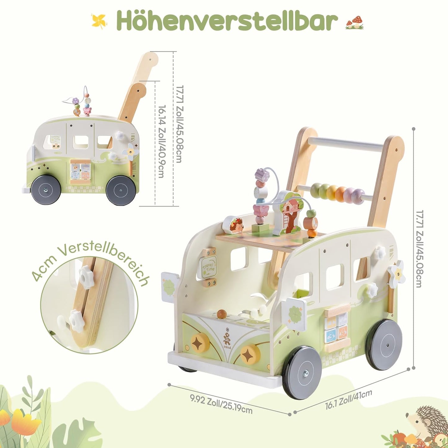 Einstellbarer Baby Lauflernwagen aus Holz, Grün