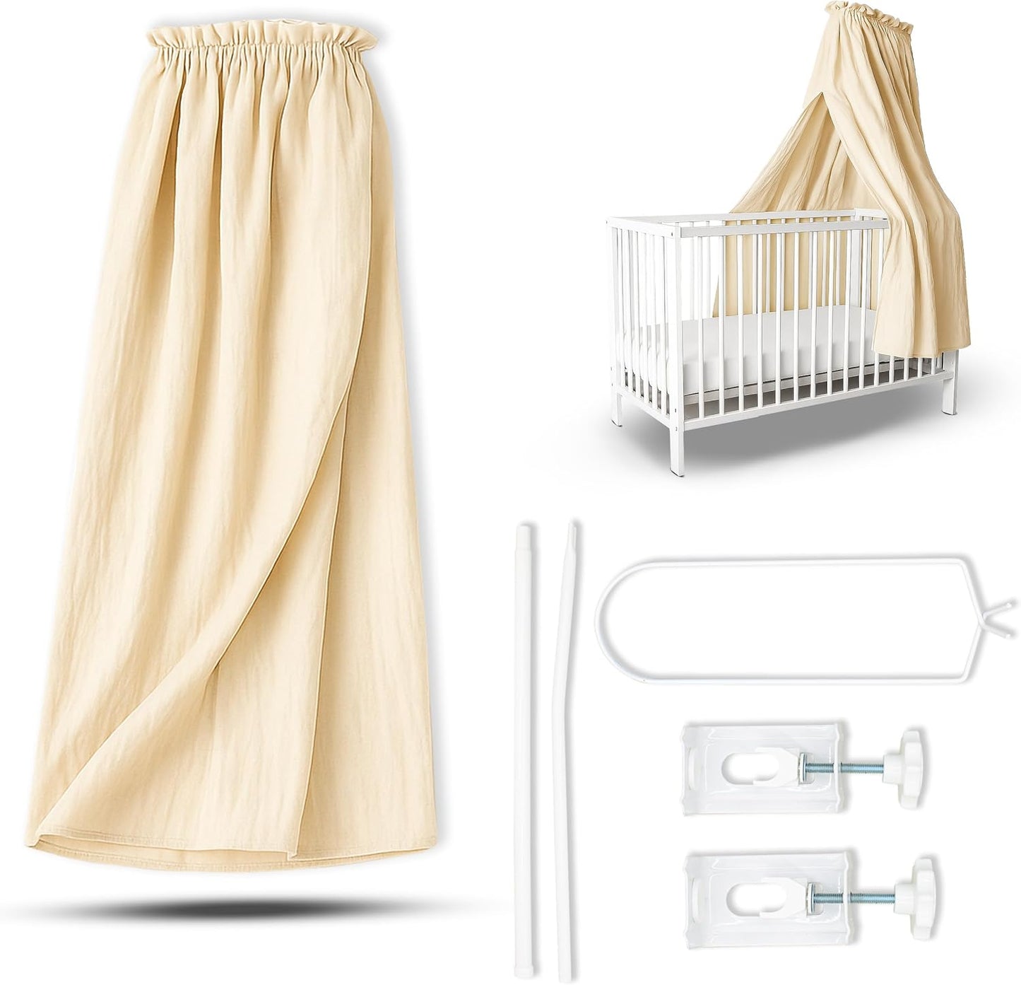 Betthimmel Set mit Himmelstange, montierbarer Ständer + Stoff creme