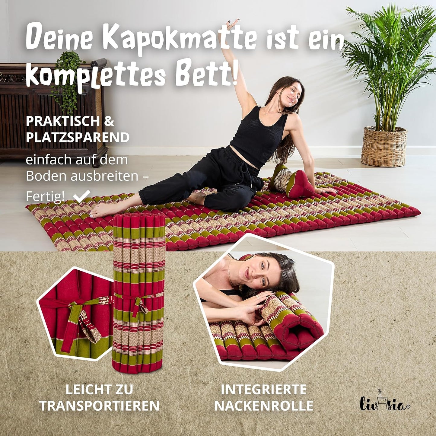 Rollmatratze L-200x110cm für Gäste & Outdoor, L (200 x 110 cm) Rot/Grün