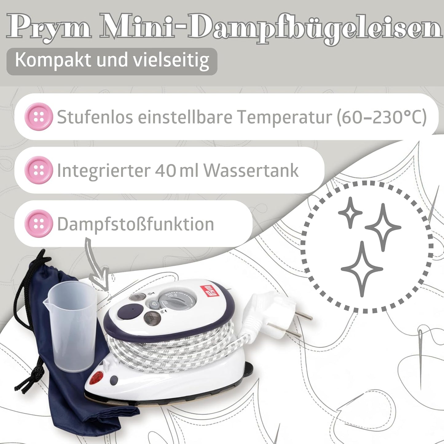 4-teiliges Bügelset mit Mini-Dampfbügeleisen, Pink