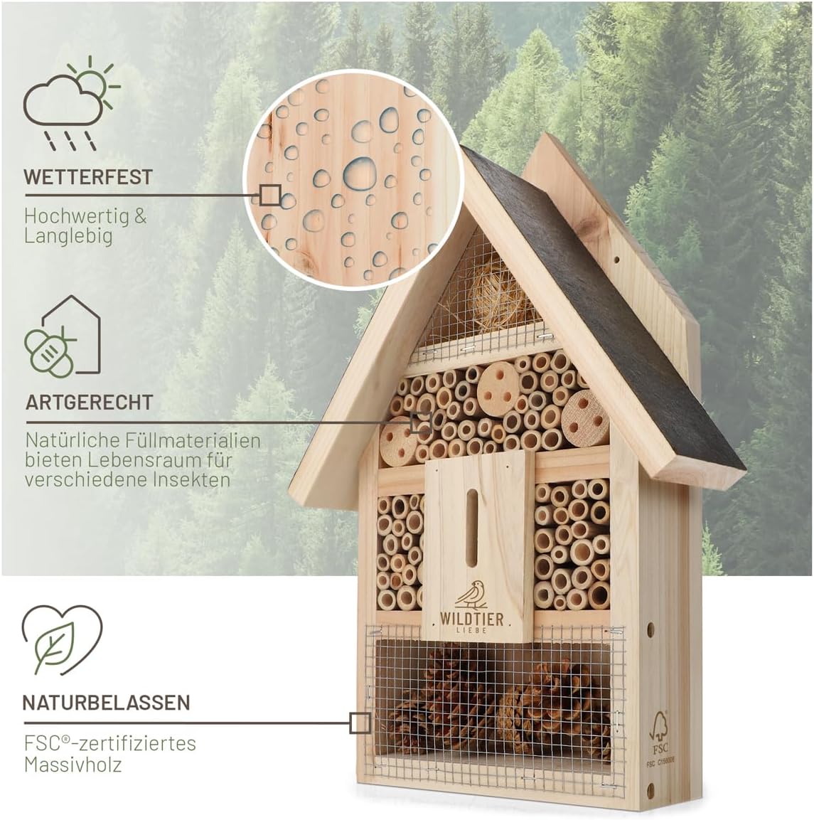 Insektenhotel aus Massivholz mit Lockstoff, Insektenhotel