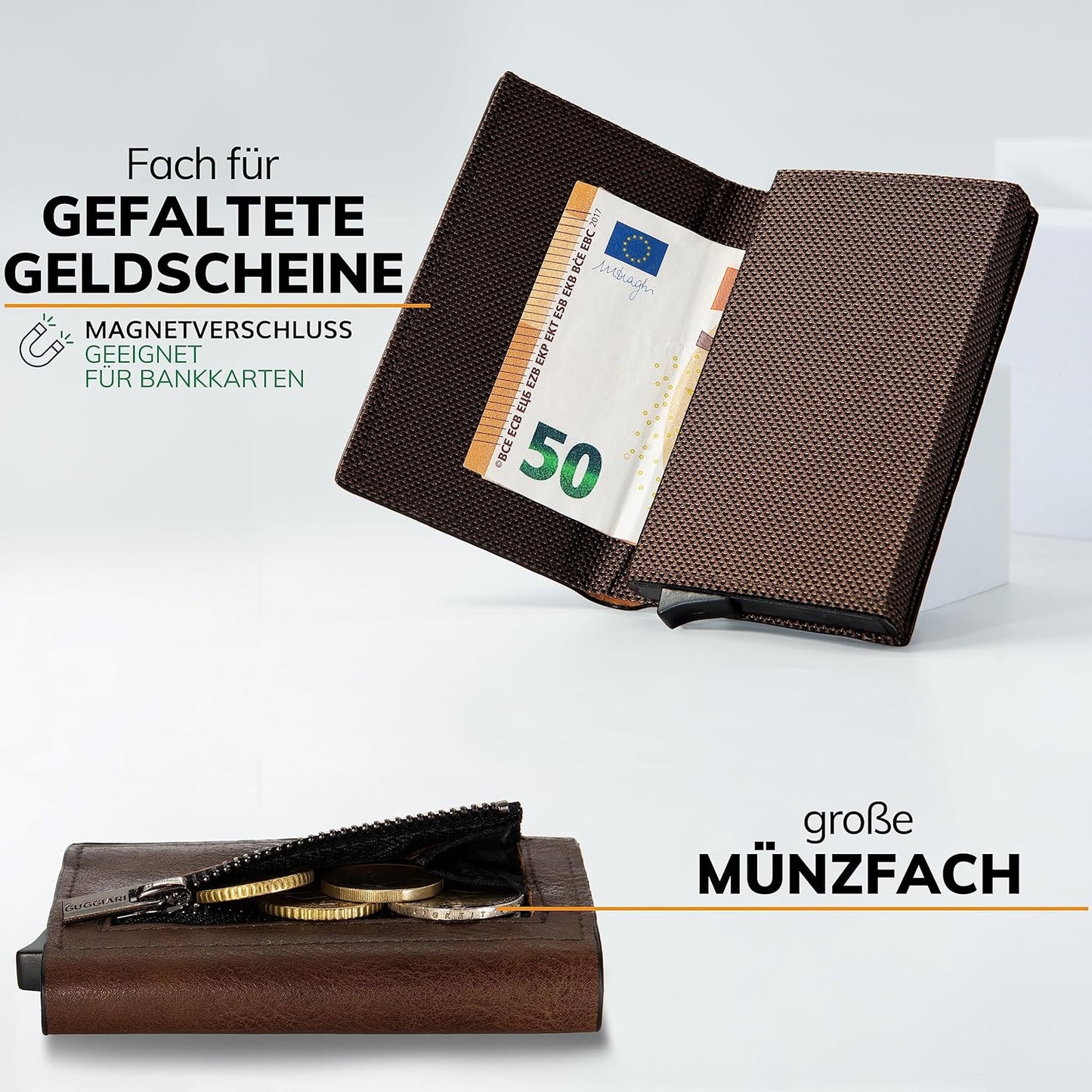 Kreditkartenetui mit Münzfach, Brown Leather Kunstleder