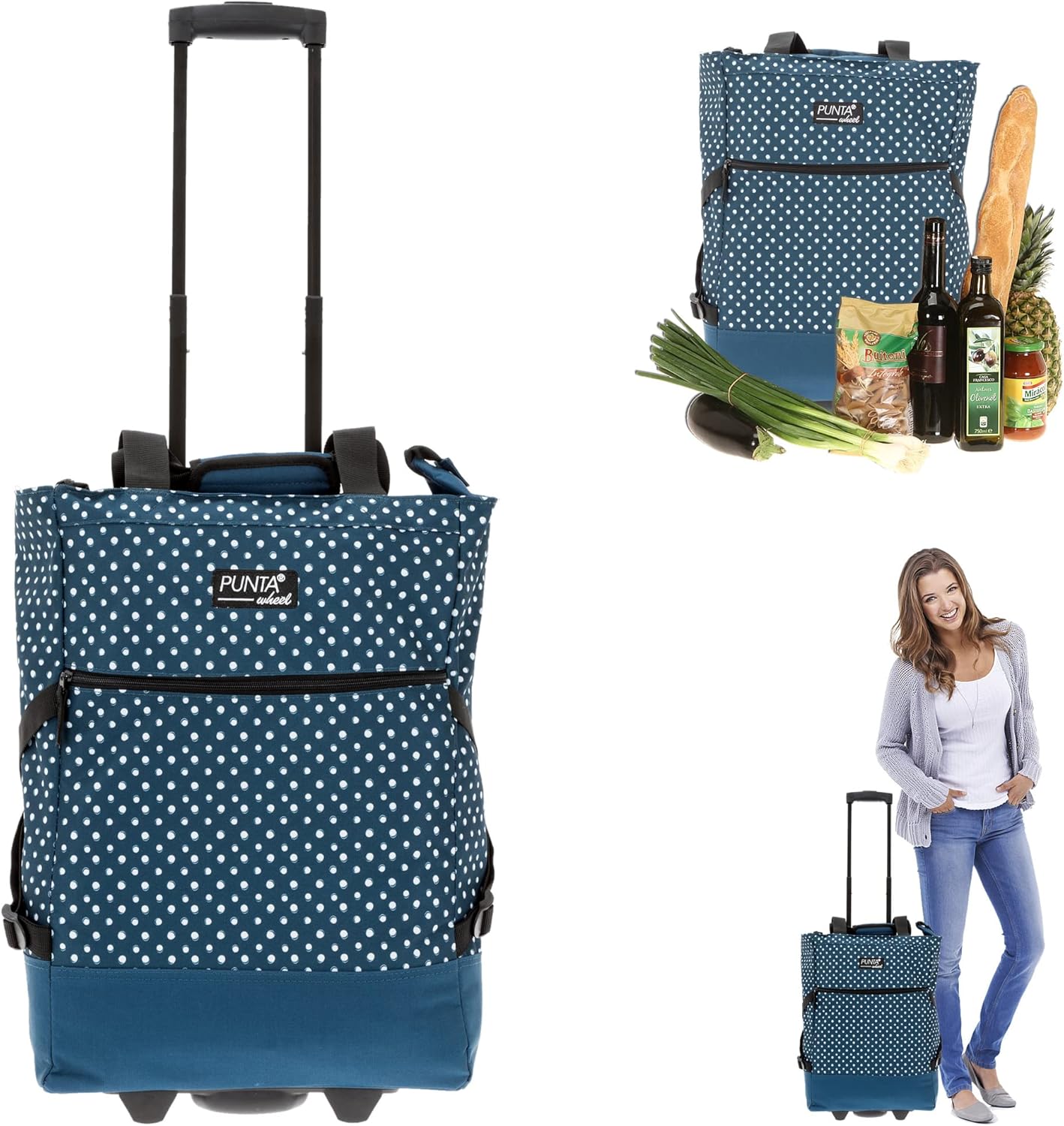 Wheel Einkaufstrolley faltbar mit Thermo-Kühltasche (35L), Blue Dots 10008 5020 + Bagboom Tasche