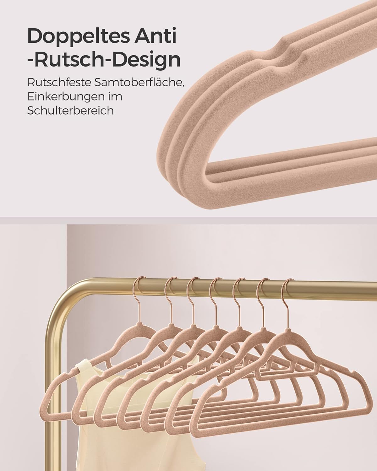 50-teiliges Kleiderbügel-Set, rutschfest, Roségold + Hellbraun, 50 Stück