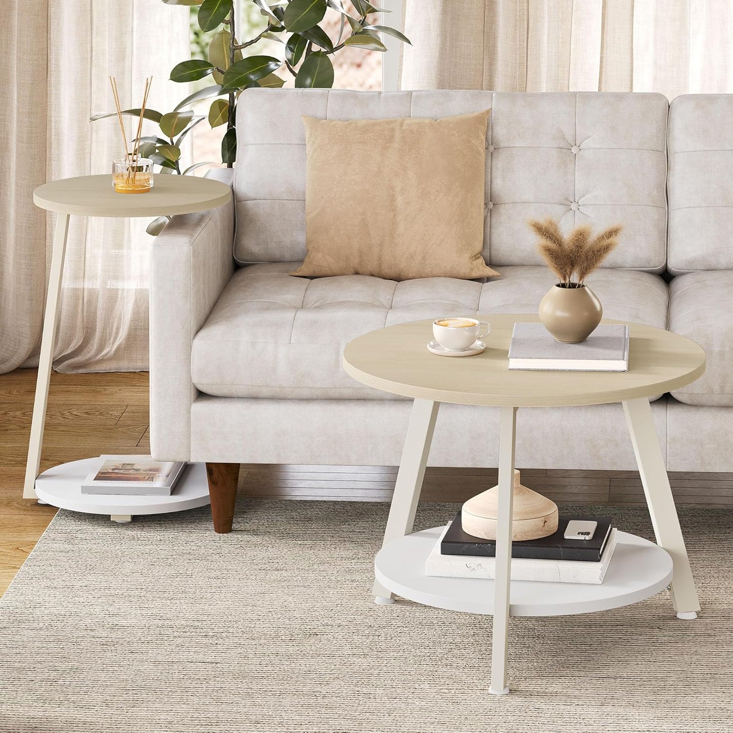 Runder Couchtisch Set mit Stauraum, 2er-Set, Eiche