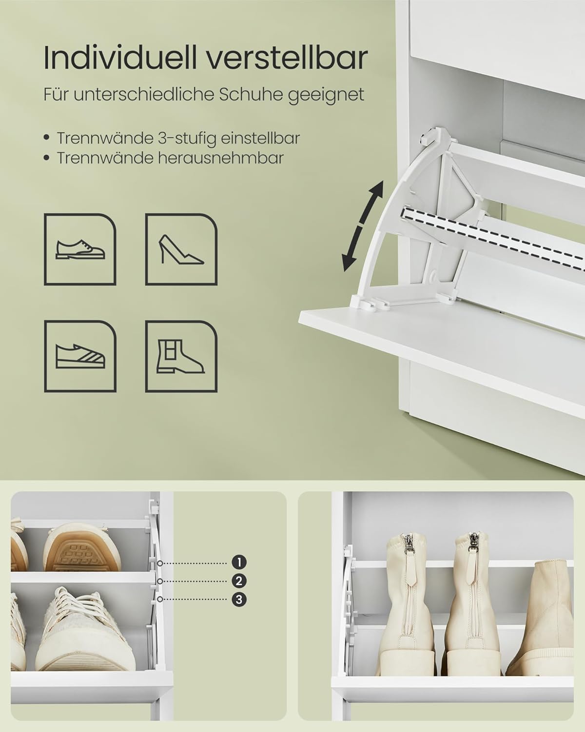 Schuhschrank mit 2 Klappen, Wolkenweiss 3 Tier (24 x 80 x 102 cm)