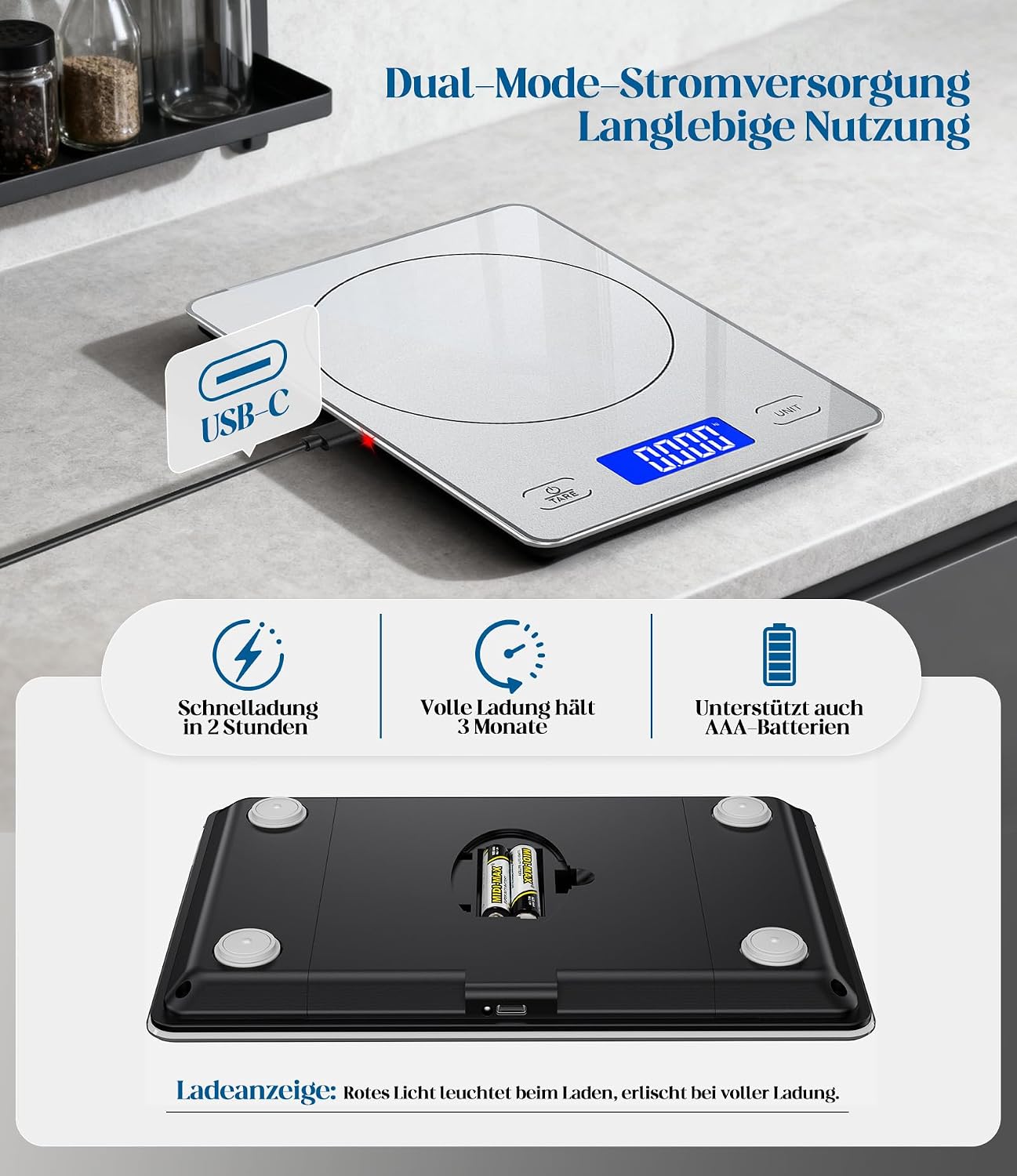Digitale Küchenwaage mit 15 kg Kapazität, USB/Batterie, Hellsilber