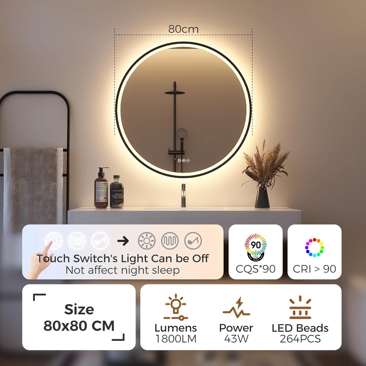 LED-Badspiegel mit Bluetooth und Dimmfunktion, 80L x 80B cm M3054 Munich Schwarz (Bluetooth)