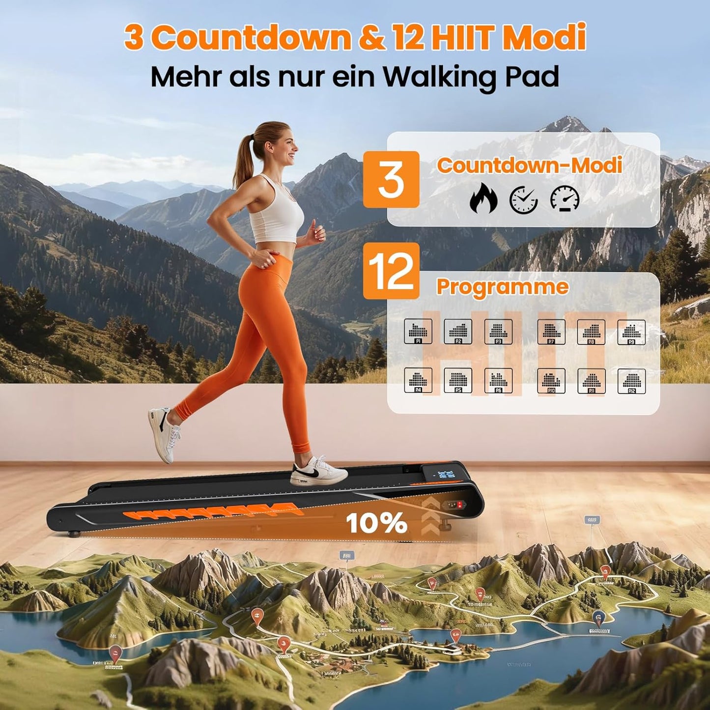 Walking Pad Laufband 10km/h mit Bluetooth Speaker, Schwarz-Dunkelorange