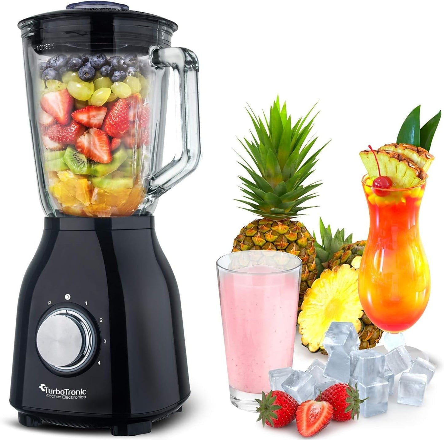 Standmixer 1400W mit Glasbehälter und 6 Klingen, Schwarz