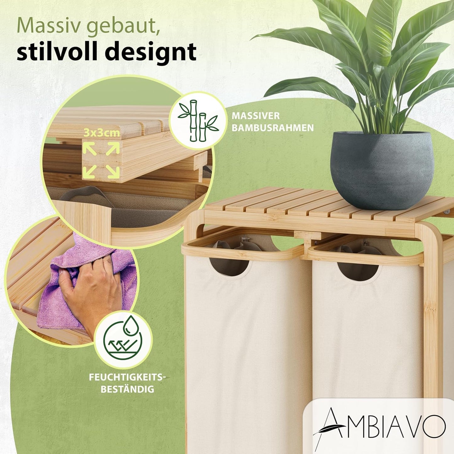 Wäschekorb mit 2 Fächern & Ablage, 2 Fächer Beige