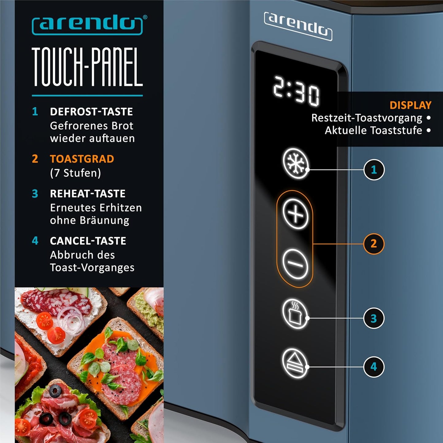 Toaster mit Display und 7 Bräunungsstufen, C: Blau