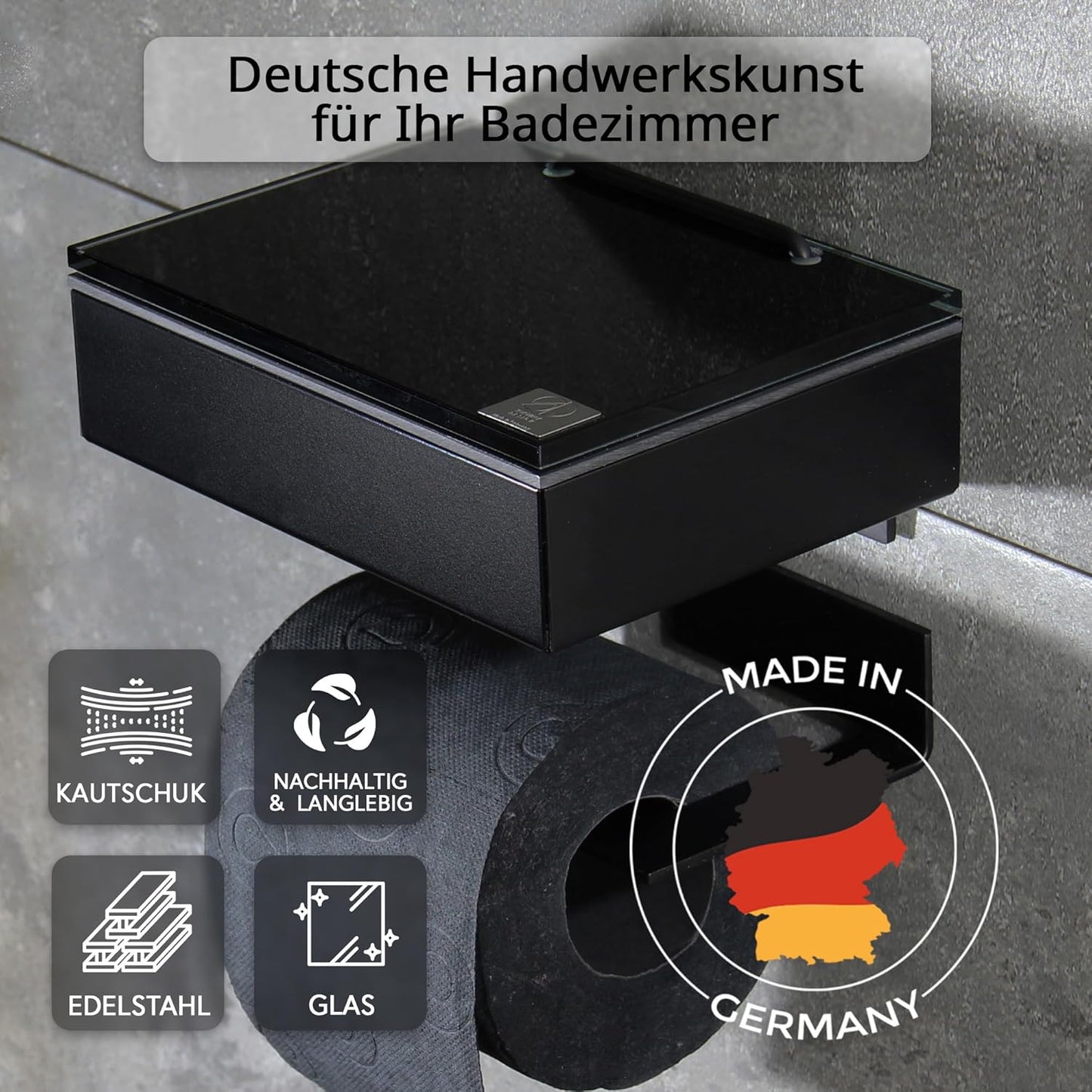 Toilettenpapier- und Feuchttuchhalter, Gehäuse Schwarz Matt Glas Schwarz Links