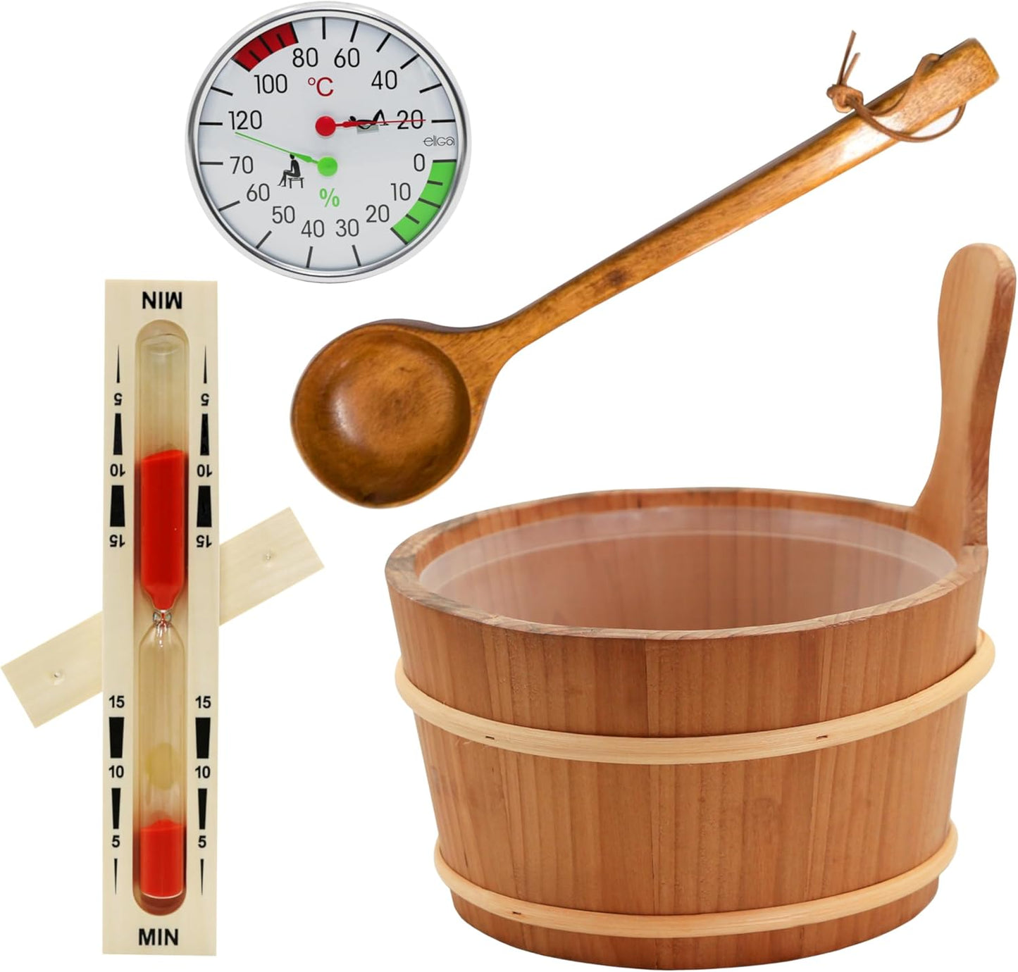 Saunakübel Set mit Kelle, Sanduhr & Klimamesser, 4L Thermo-Espe SET