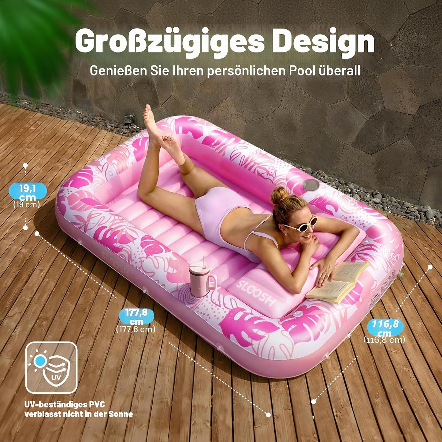 Aufblasbarer 4-in-1 Sonnenliegepool mit Kissen und Getränkehalter, Rosa L
