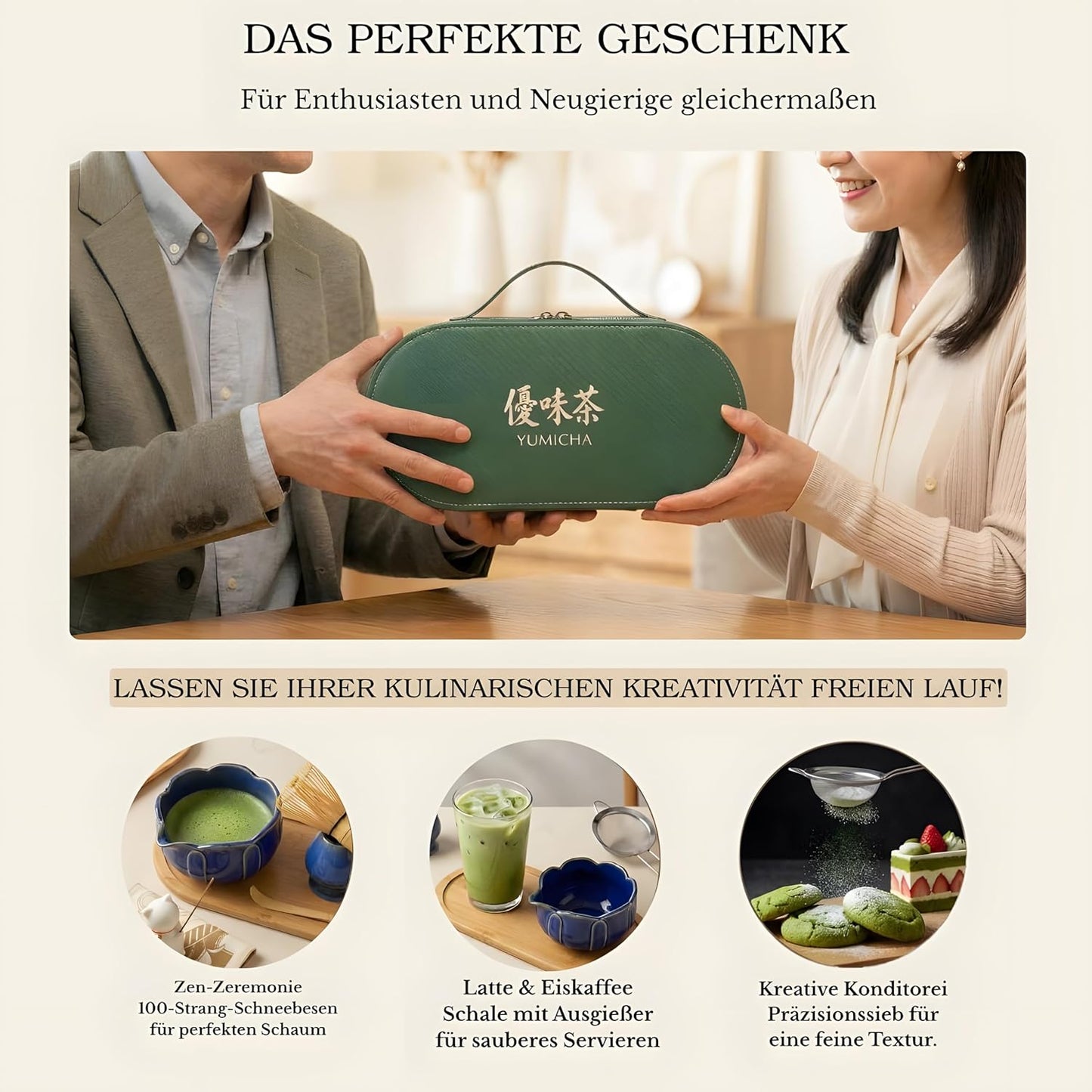 10-teiliges Matcha-Set, Tasche Grün/Service Blau 10