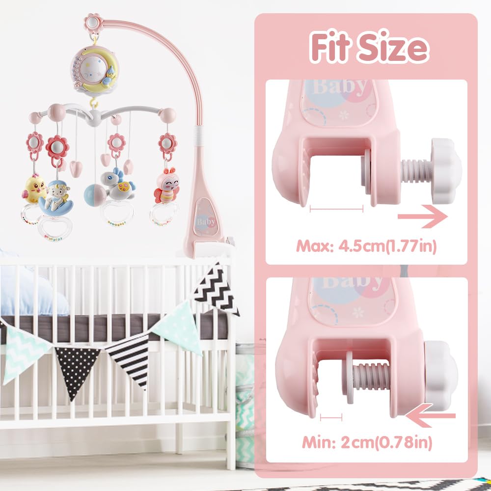 Babybett-Mobile mit 150 Melodien, Projektor, Fernbedienung, Rotationsfunktion und Timer, Rosa