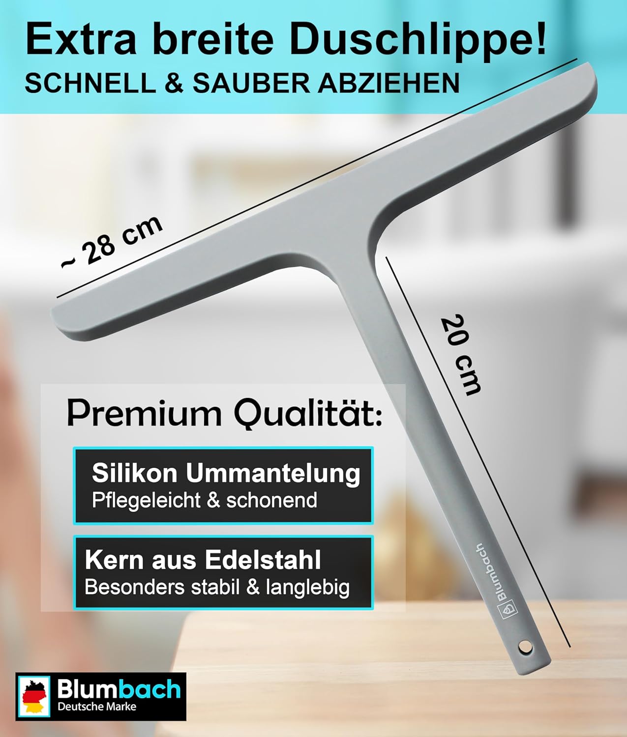 Duschabzieher mit Halterung, 28 cm Duschabzieher Grau