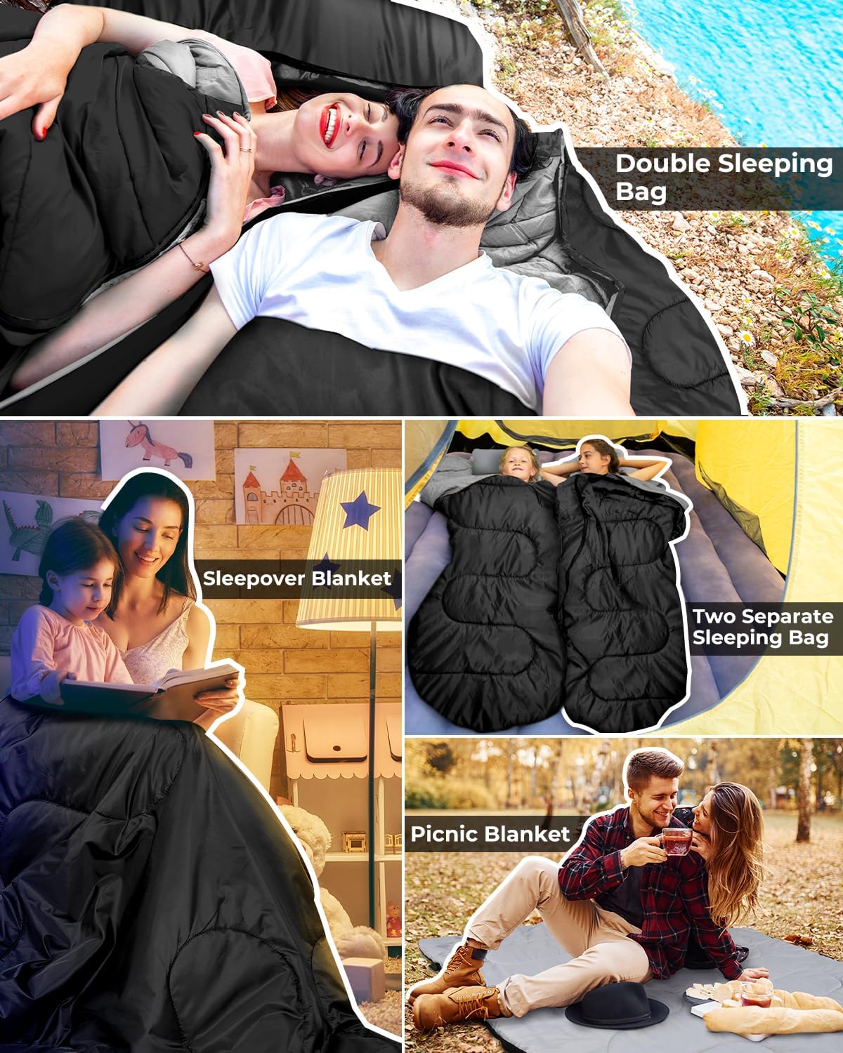 Doppelschlafsack für 2 Personen, Schwarz