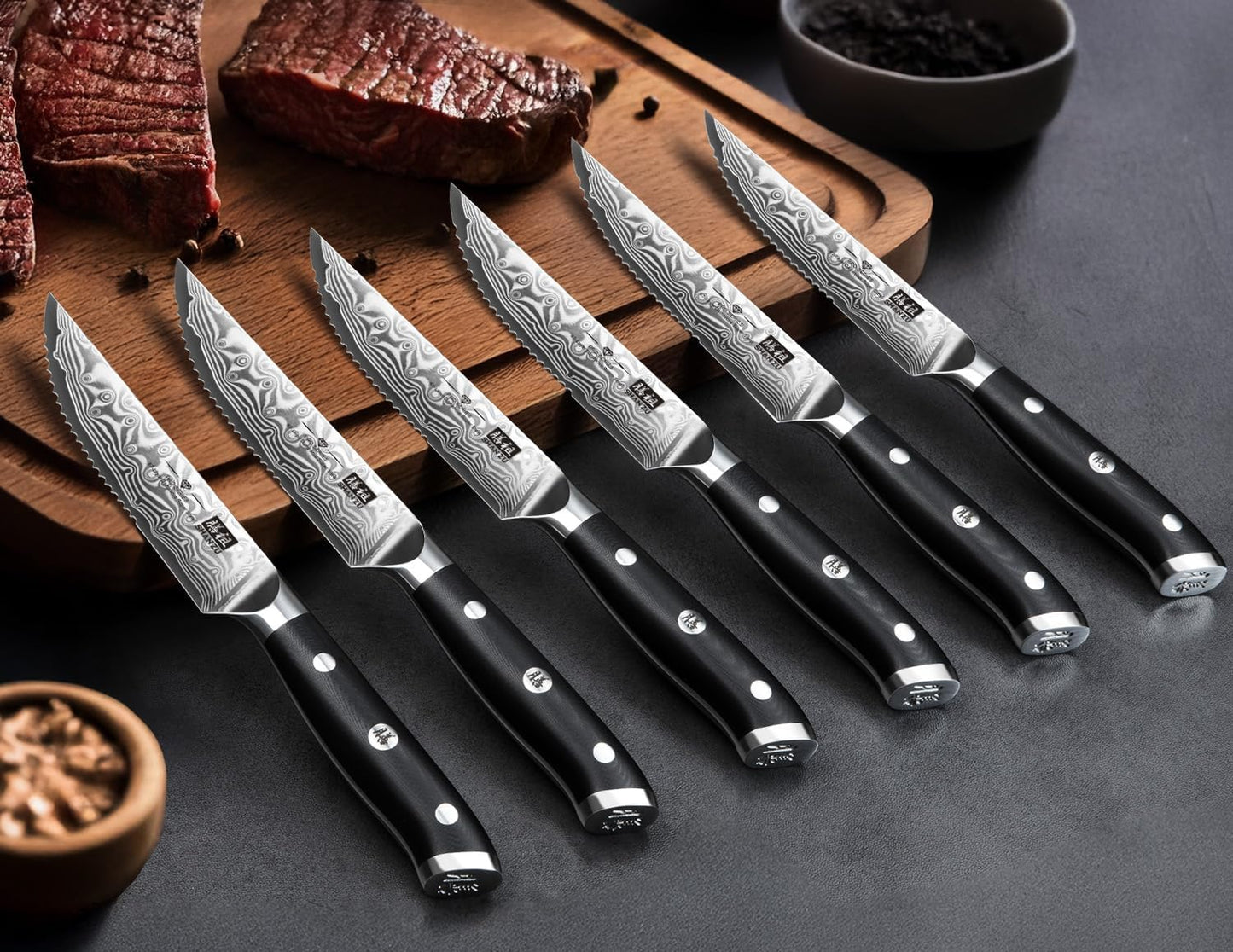 Pro Series Steakmesser-Set mit Wellenschliff und Messerblock, Steakmesser mit Block