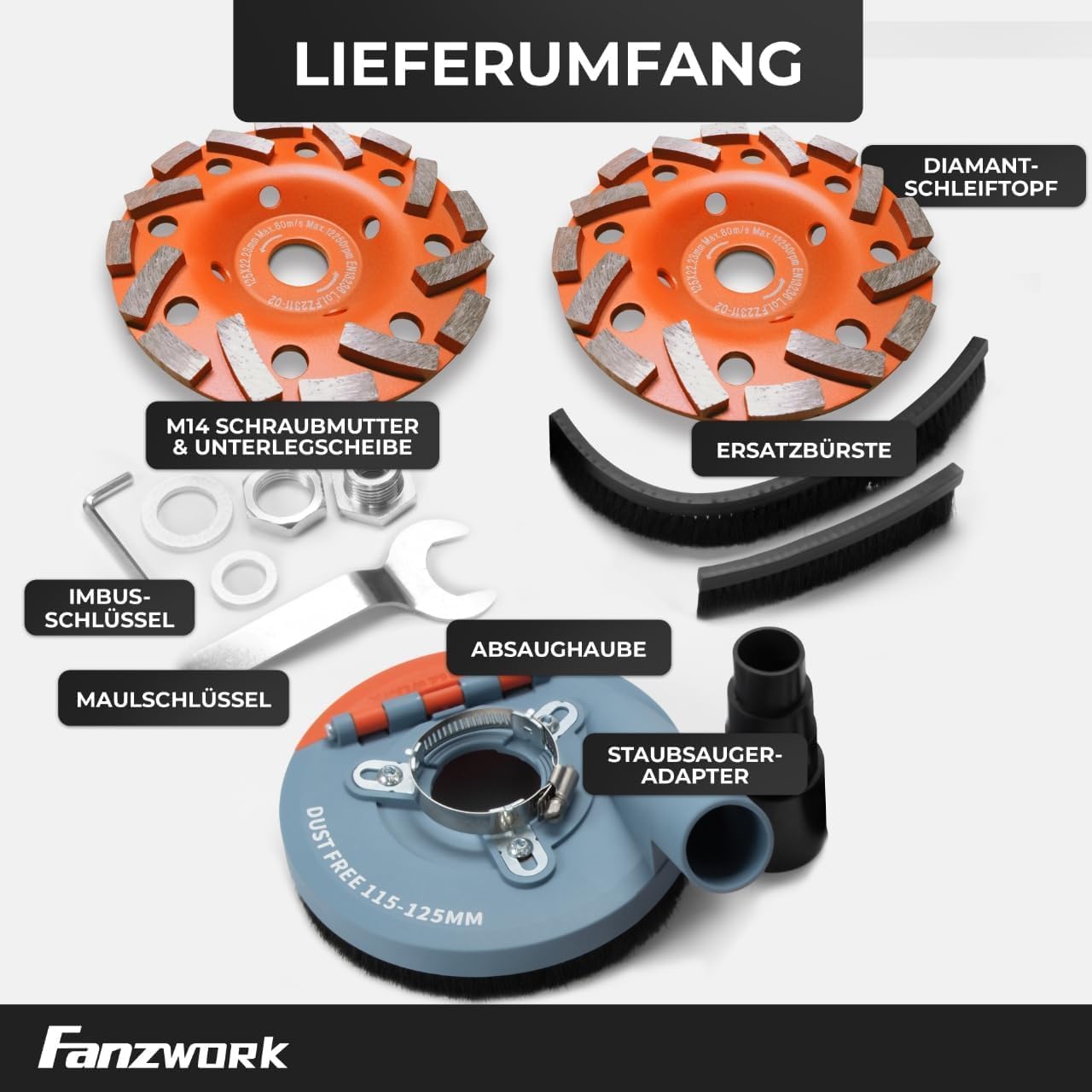 Absaughaube für Winkelschleifer mit Diamantschleiftopf, mit Schleiftopf x 2