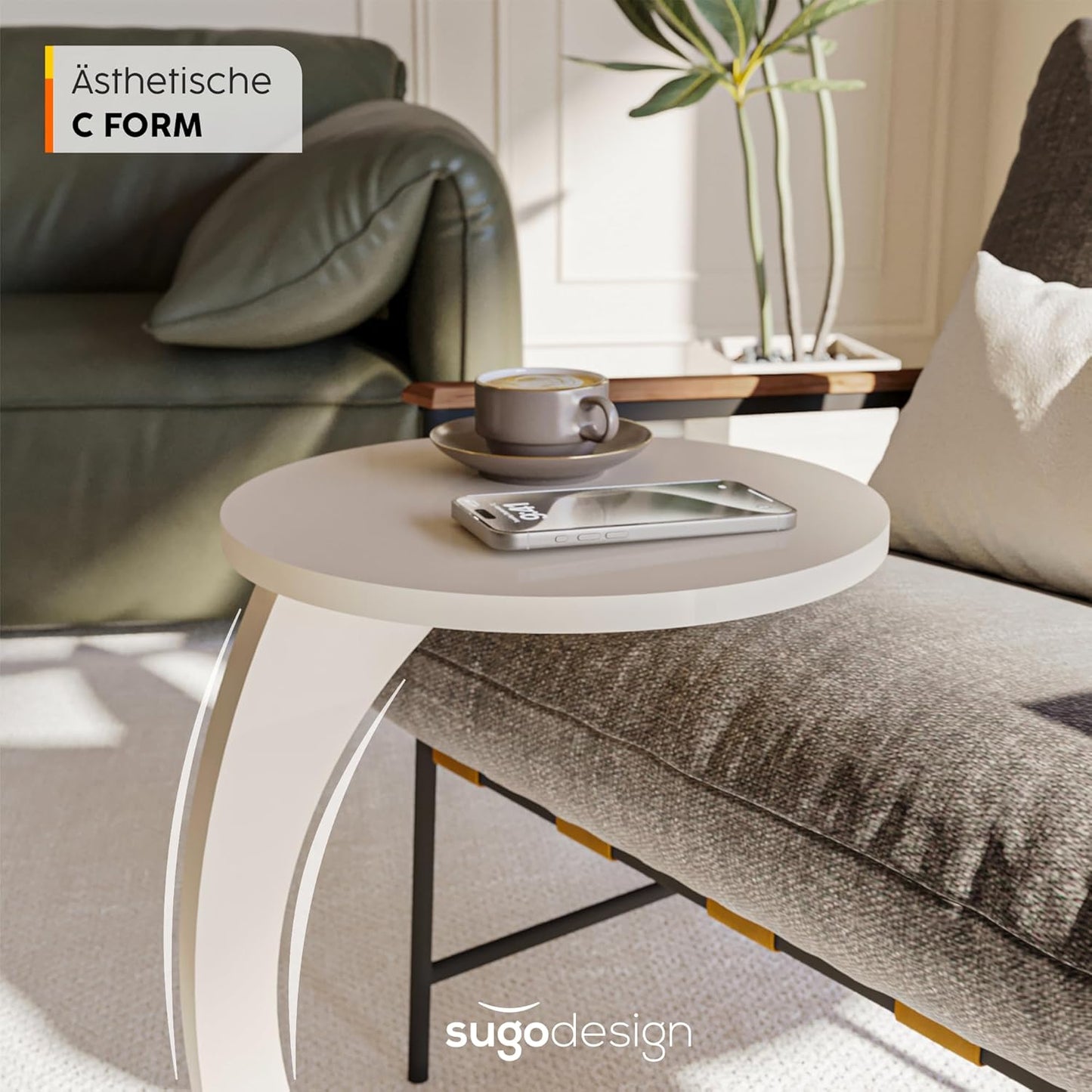Couchtisch mit Rollen in C-Form, Sand-beige