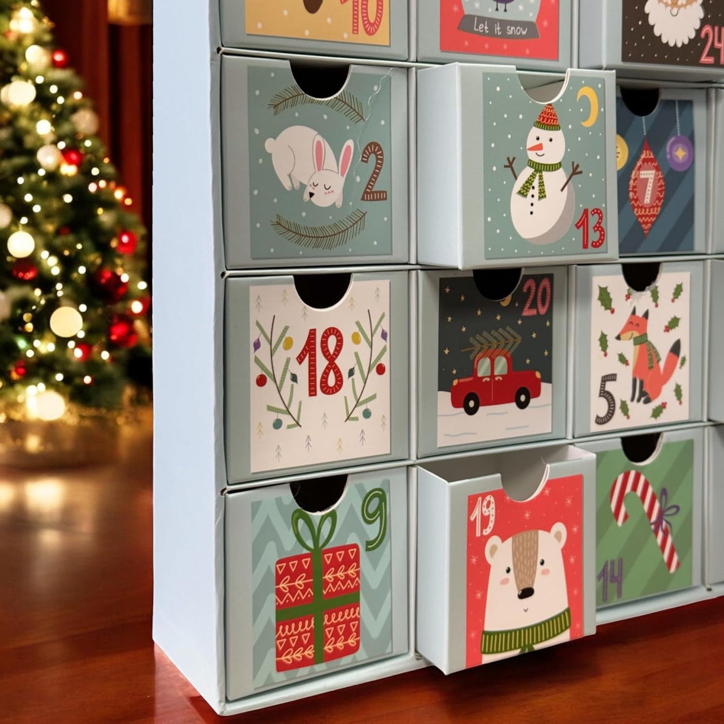 Adventskalender mit 24 Schubladen-Boxen, Zahlen & süße Motive