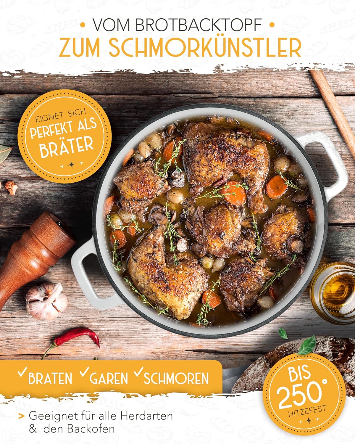 Schmortopf mit Deckel, Emaille Topf 4,7l - Weiß - Einzeln