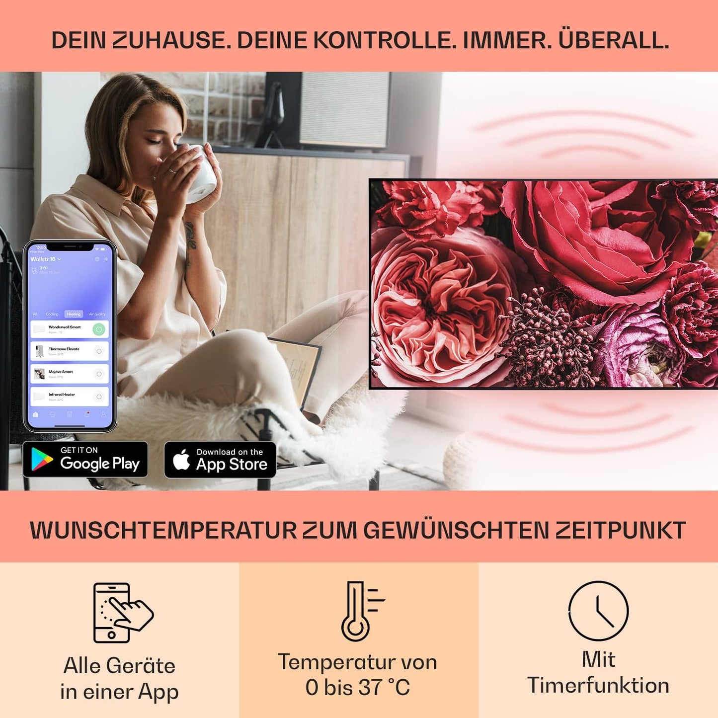 Air Art Smart Infrarotheizung, 120 x 60 cm/ 700 W Blume - Schwarz
