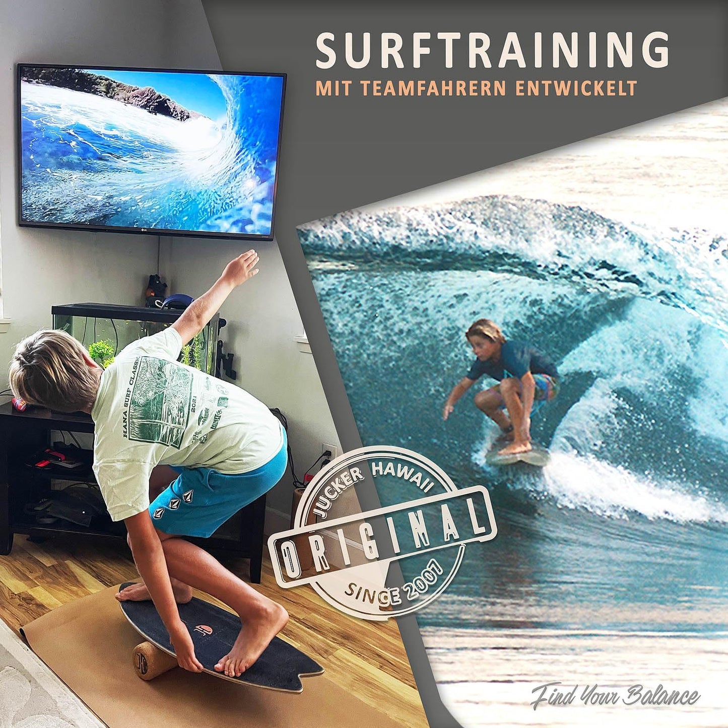 Balanceboard Ocean Rocker mit rutschfester Oberfläche, Schwarz + Rolle