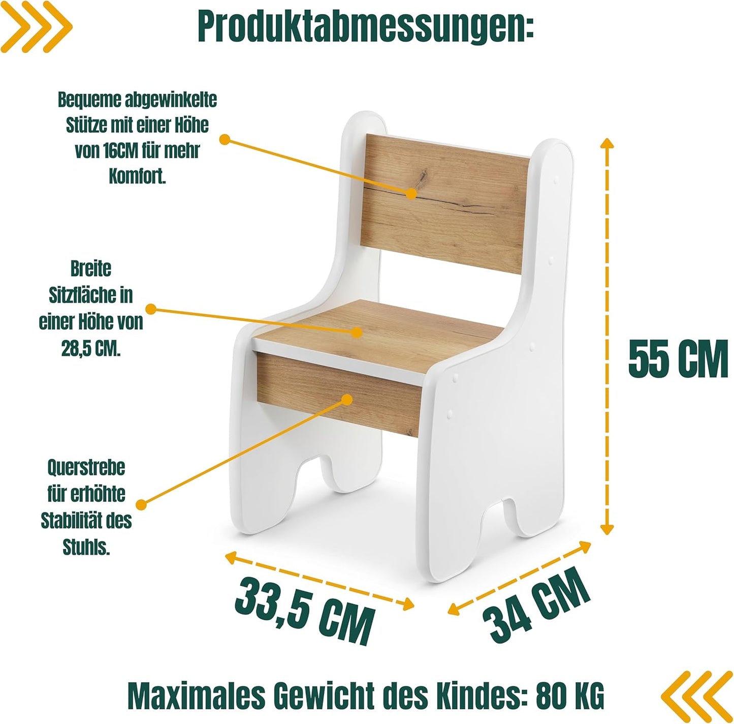 Kindertisch & Stühle-Set für Kinderzimmer, 2 Stühle und Tisch Weiss + Eiche