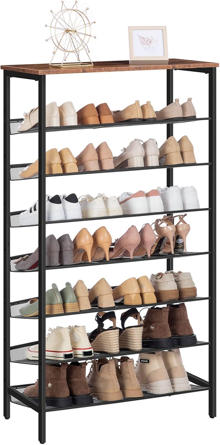 8-stöckiges Schuhregal EBF18XJ01 mit Gitternetzregalen, 75 x 30 x 137 cm, Dunkelbraun + Schwarz