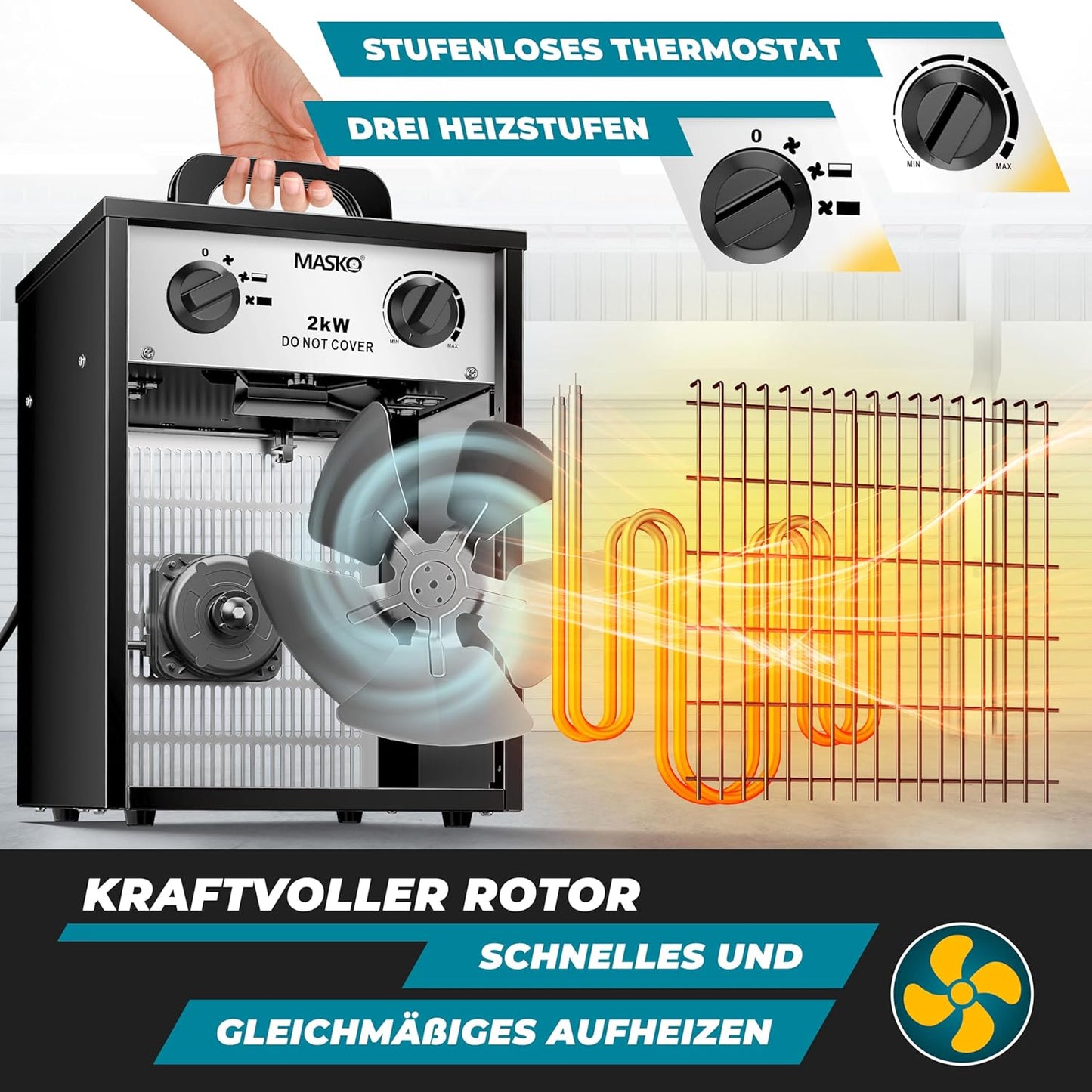 Elektroheizer mit Thermostat, 2 KW - Eckig Weiß