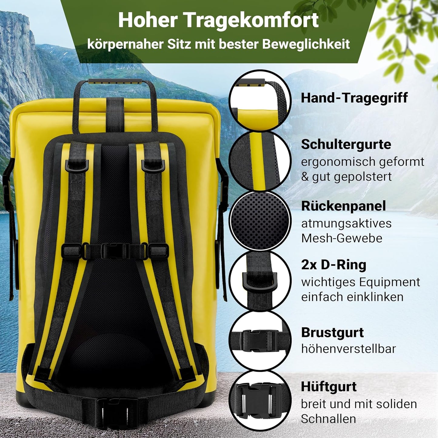 Wasserdichter Rucksack mit Rolltop-Verschluss und Handyhülle, Gelb 55 Liter