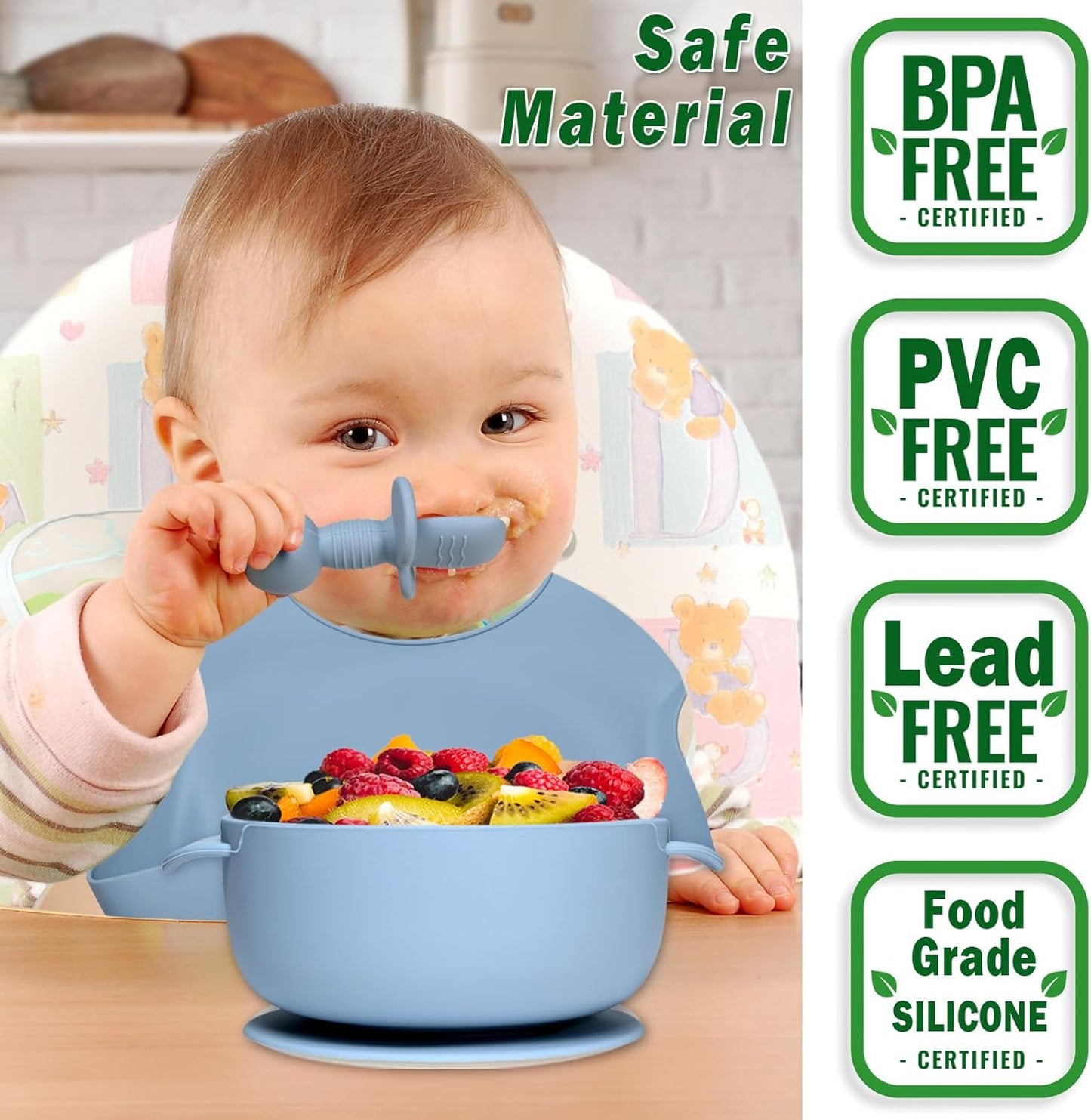 Silikon Baby Geschirrset mit Saugnapf (10-teilig), Blau
