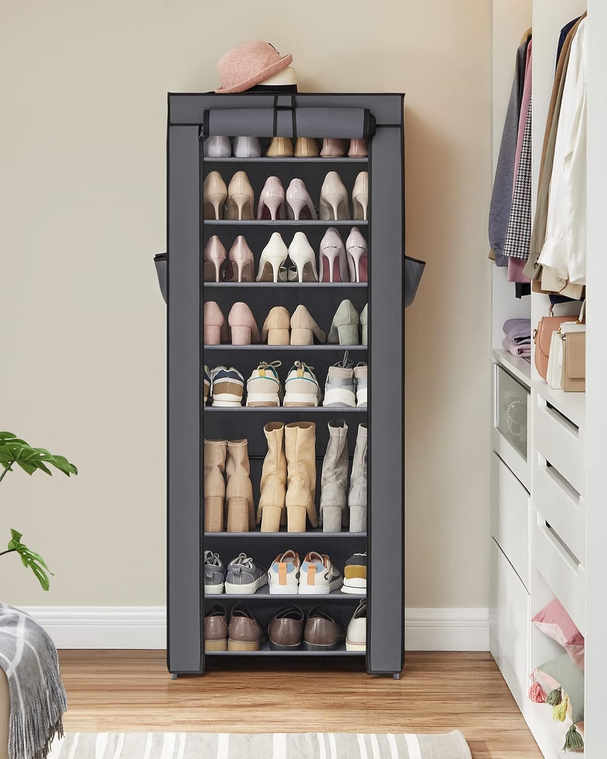 Schuhregal mit 10 Ebenen und staubdichter Abdeckung, 10 Ebenen (58B cm) Grau