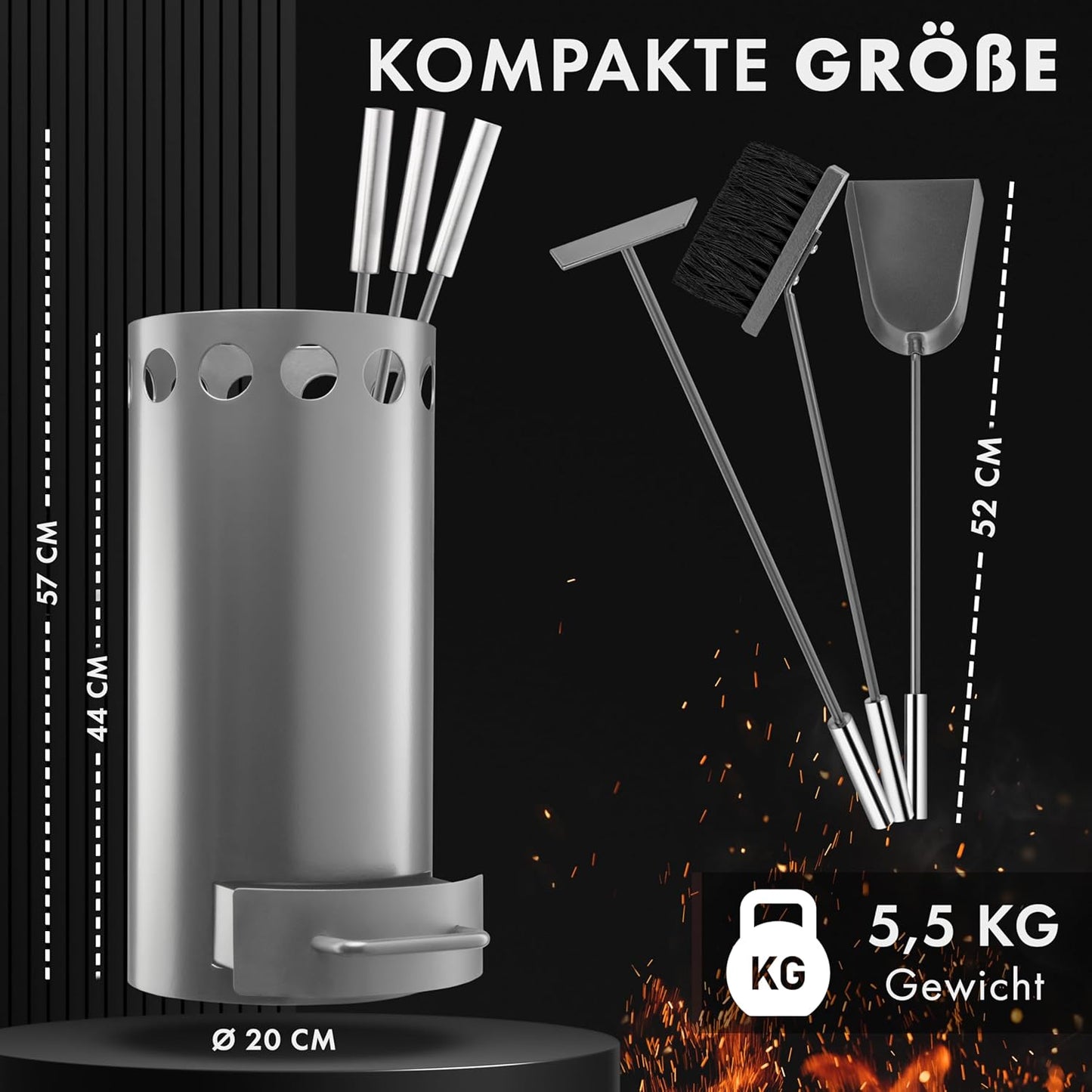 3-teiliges Kaminbesteck mit Schürhaken, Ascheschaufel und Kaminbesen, Grau