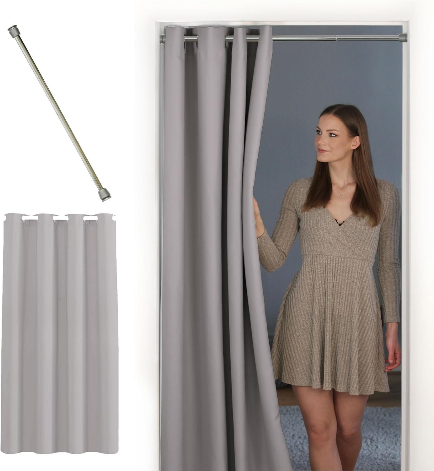 Türvorhang mit Teleskopstange, Vorhang 200 x 150 cm (HxB); Stange 55-90 cm Türvorhang Hellgrau + Stange Silber