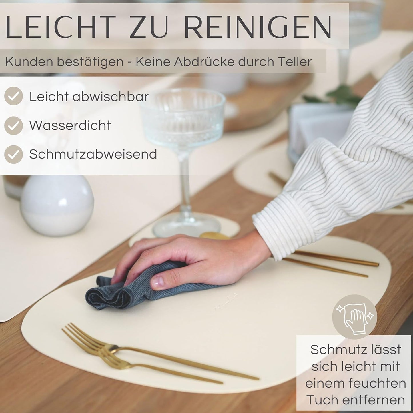 6er Set Premium Tischset aus Kunstleder, Cremebeige Oval