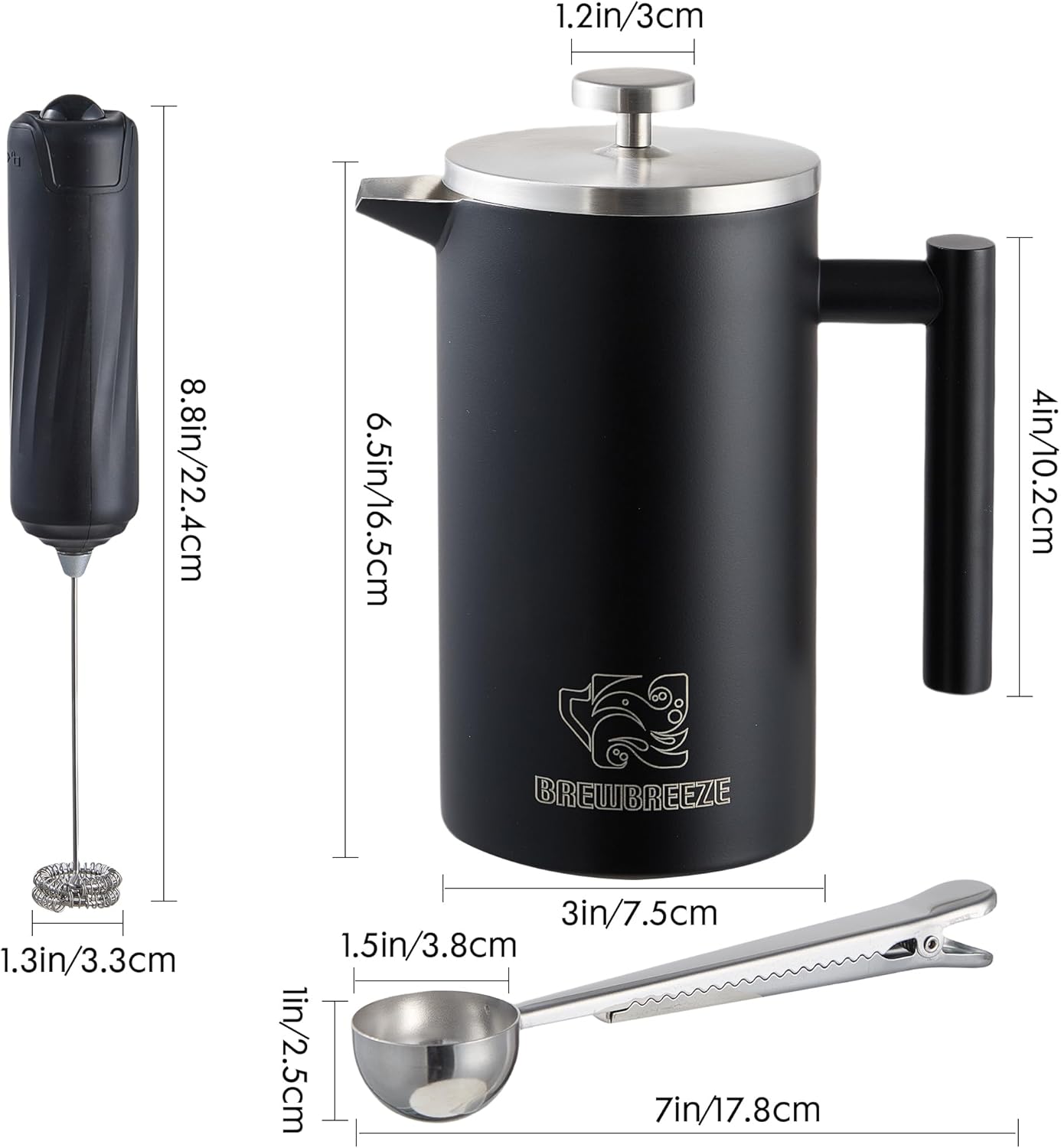 French Press Set mit Milchaufschäumer, Schwarz 1 Liter