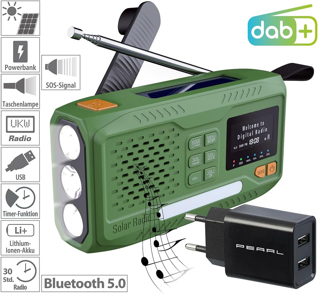 Mobiles DAB+ Solar-Kurbelradio mit EWF und LED