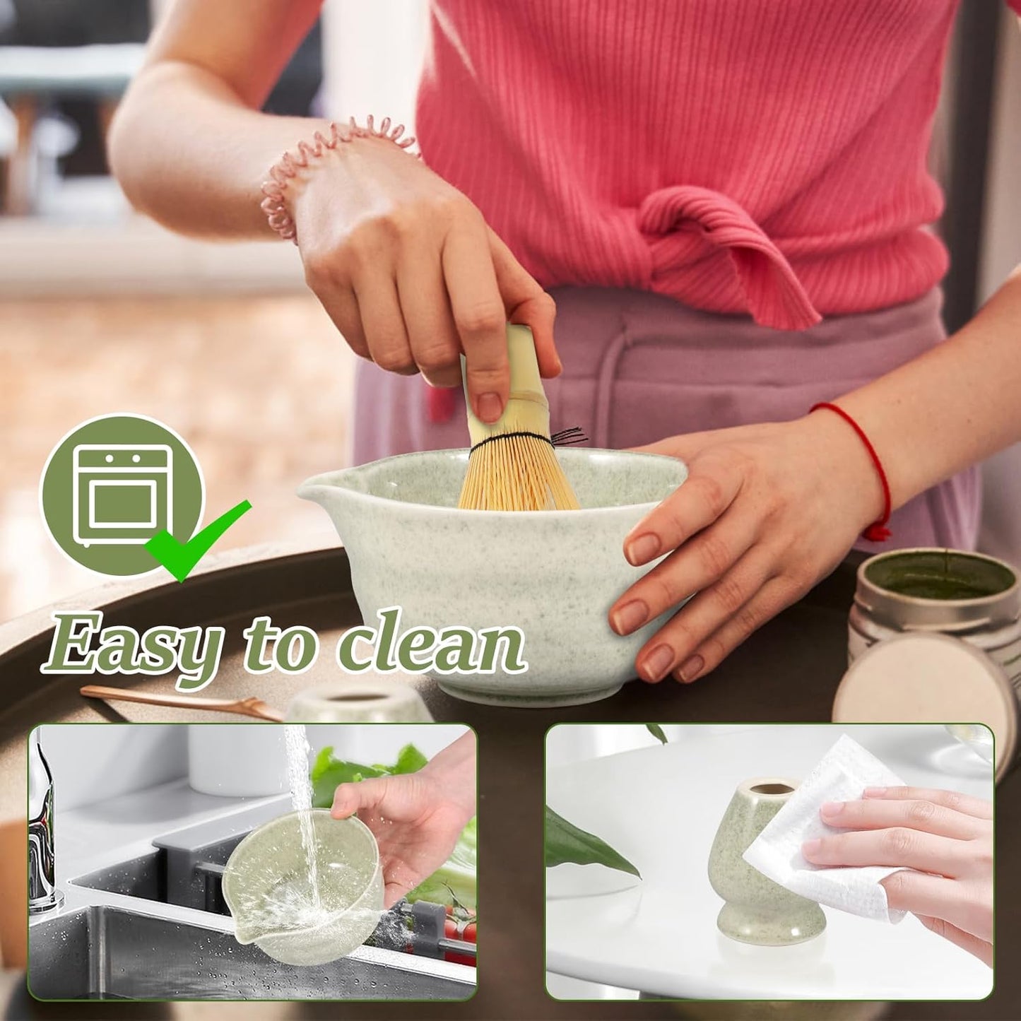Matcha Teeschalen-Set mit Schneebesenhalter, Matcha Grün
