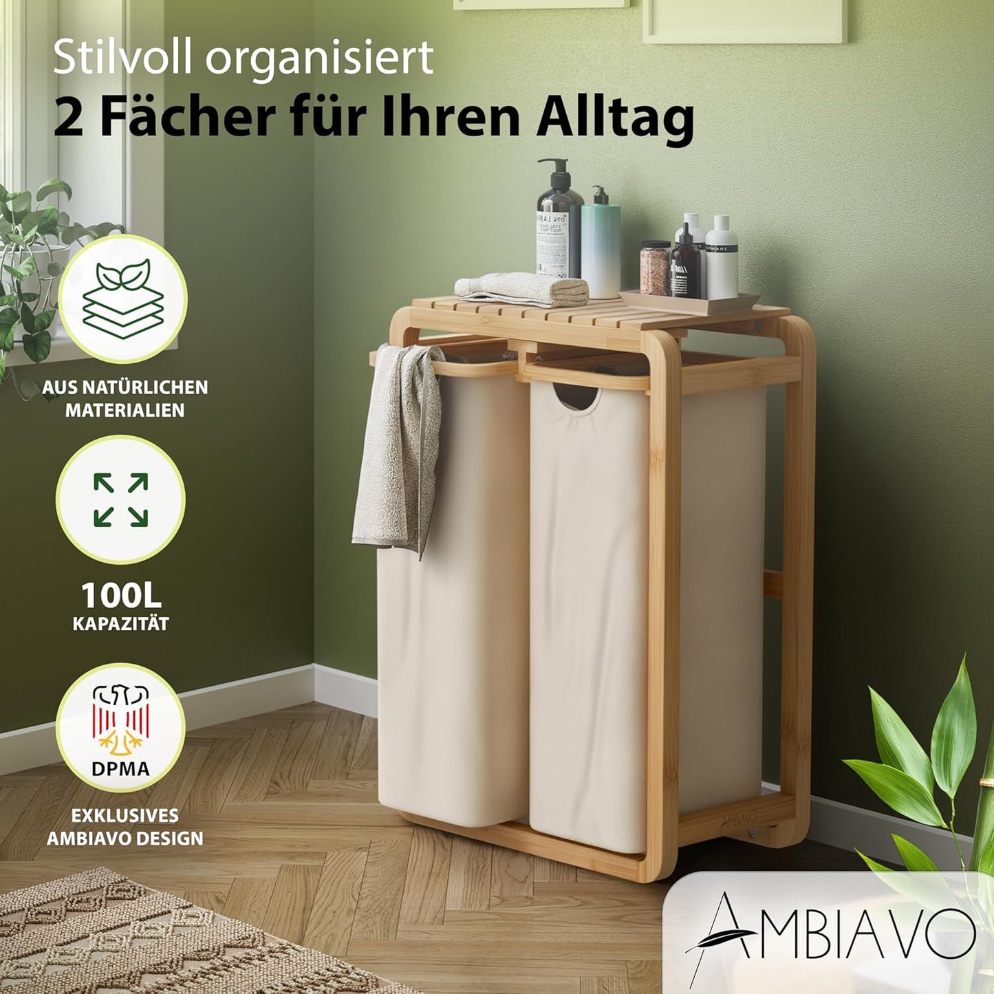Wäschekorb mit 2 Fächern & Ablage, 2 Fächer Beige