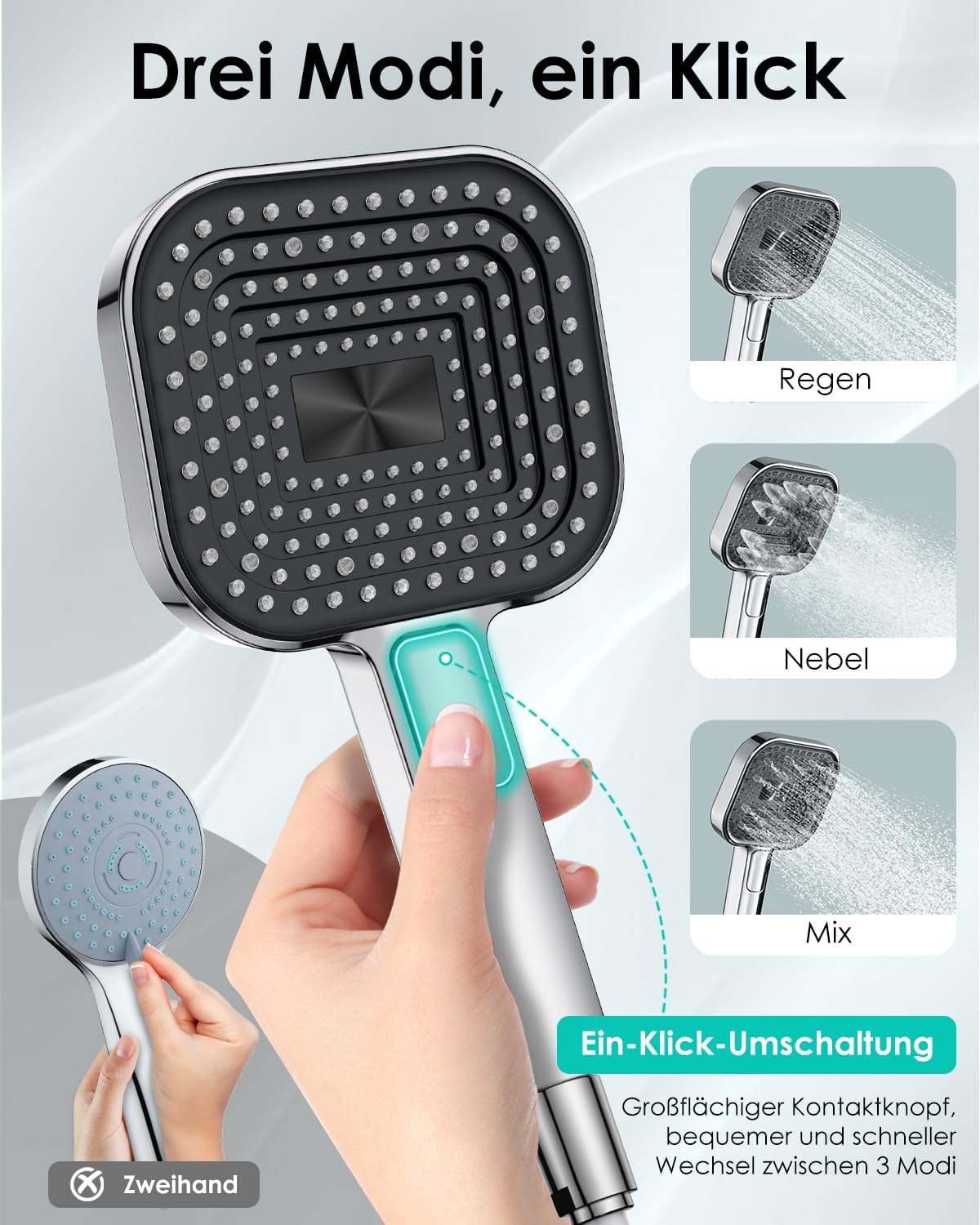 Wassersparender Duschkopf mit Antikalk-Funktion, Silber