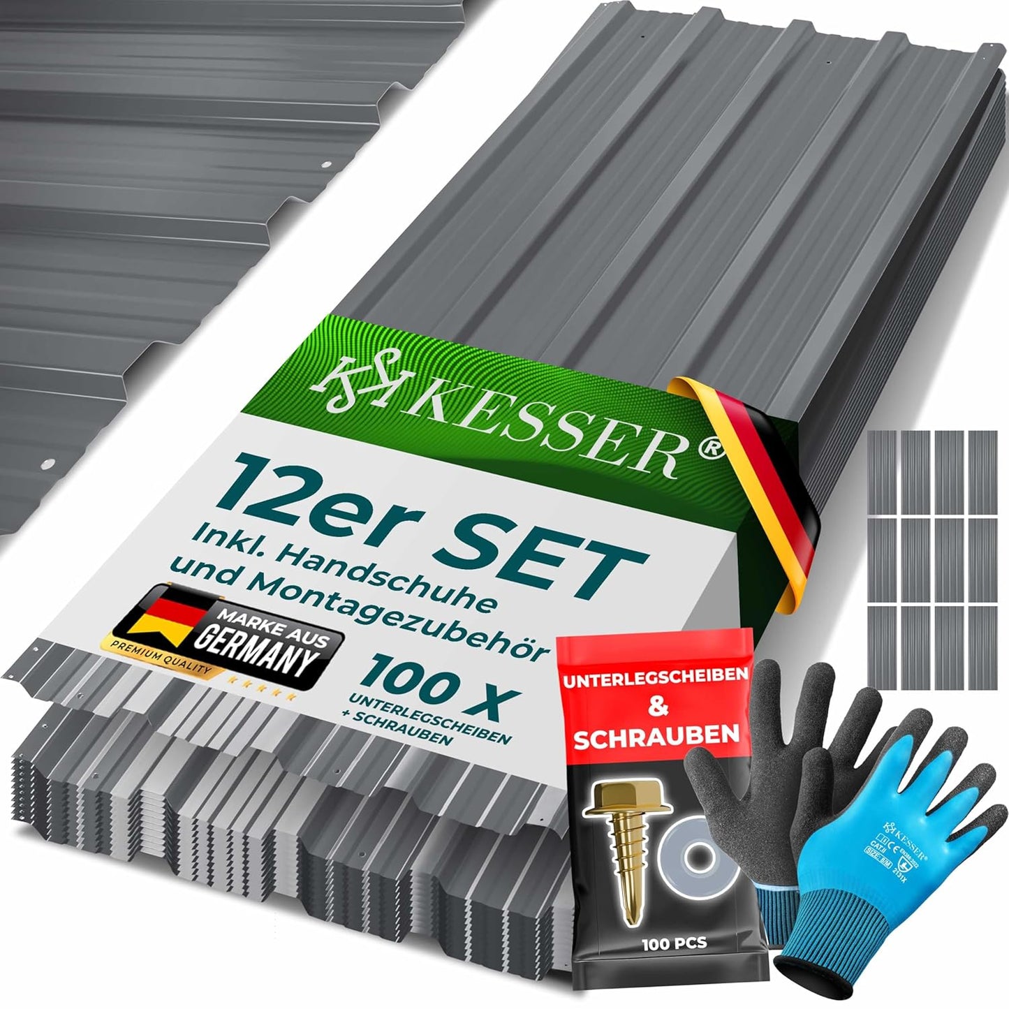 Trapezblech-Set für 7 m², Grau ; 129x45cm / 12 Stück