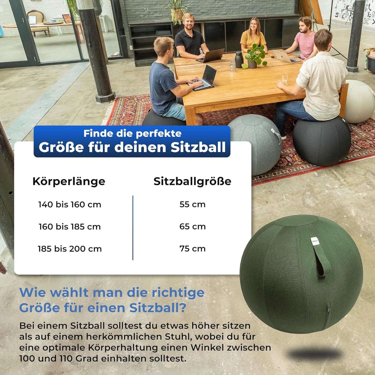 Ergonomischer Sitzball, 75 cm Olivgrün